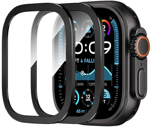 Bisikor 2 Pezzi per Apple Watch Ultra 2/Ultra Pellicola Protettiva dello Schermo, 9H Vetro Temperato con Telaio in Lega di Titanio, HD, Antigraffio, Film Protettivo per iWatch 49mm (Nero)