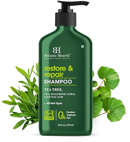 Botanic Hearth Restore & Repair Shampoo – With Tea Tree, Cica, Hyaluronic Acid & Salicylic Acid – Paraben & Sulfate Free – 5-in-1 Care for All Hair Types – 16 fl. oz