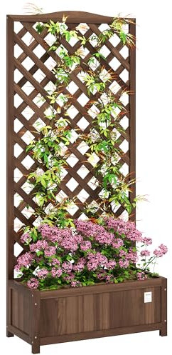 Outsunny 53L Garden Wooden Planter Box with Trellis Free Standing Flower Raised Bed with Lattice for Climbing Plants, 76cm x 36cm x 170cm, Dark Brown