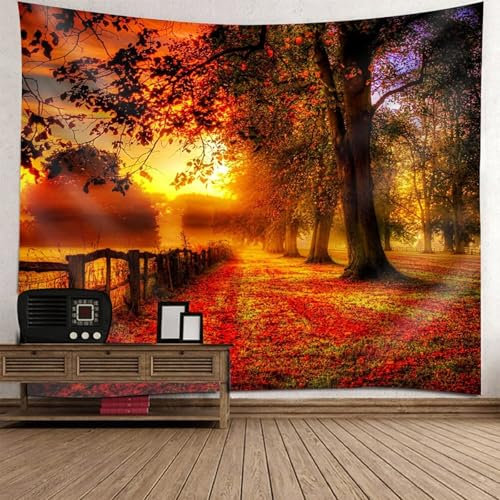 Wandteppich Boho Style, Wandtuch Herbstlaubbäume Orange Rot Schwarz Wandbehang Boho 240x220cm