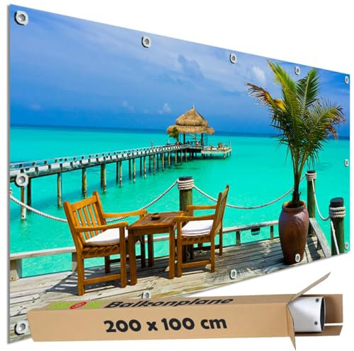 TRIOSK Sichtschutz Balkon Deko Plane Balkonblende Blickdicht mit Motiv Meer Karibik Strand Bar für Garten Terrasse Gartenzaun Balkonverkleidung Blickschutz PVC groß 200x100 cm
