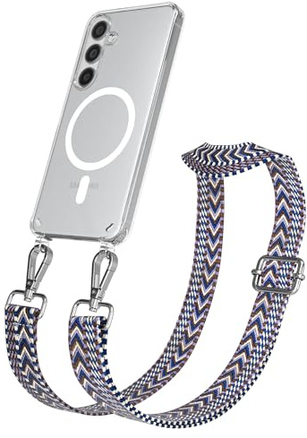 EAZY CASE Handykette - Verstellbares Taschenband kompatibel mit Galaxy S24, Schulterriemen, Handykordel mit Silikon Hülle, Qi Charging kompatibel, Umhängetasche, Blau Weiß Silber