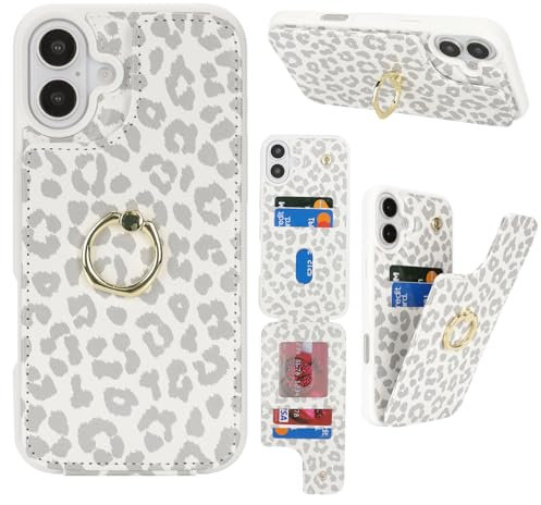 Cavor Phone Case compatible with iPhone 16 Case With Card Holder,Flip Leather Wallet Case,Buckle Metal Ring Shockproof Cover Case compatible with iPhone 16 - White Leopard