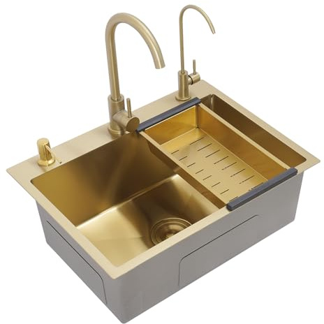 Drop in Gold Küchenspüle Waschbecken gold Multifunktionale Einzel-SpüLe Rechteck Küchenspüle 1 Becken Küche Spüle mit Abtropfkorb 2x Wasserhähne Ablaufbecken Drainage Komponente (60x45x20cm)