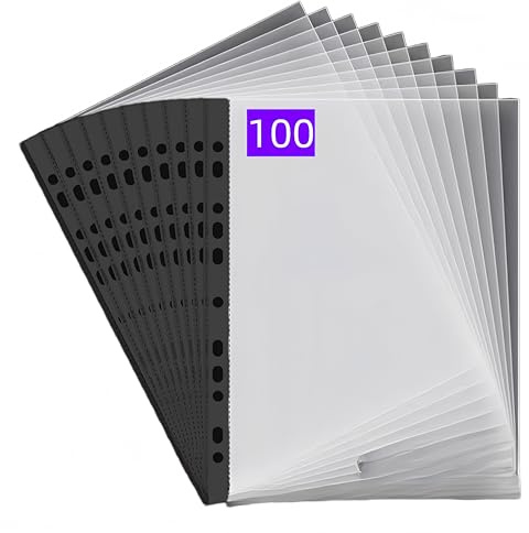 PUTOAHAO 100 Stück Klarsichthüllen A4 Glasklar aus PP (0.06 mm,60 My,60µ,60 micron),mit 11 Lochungen für 2/3/4-Ring-Ordner, Klarsichtfolien A4 für Dokumente,Broschüren,Ordner (Schwarz Seite,6C-100)