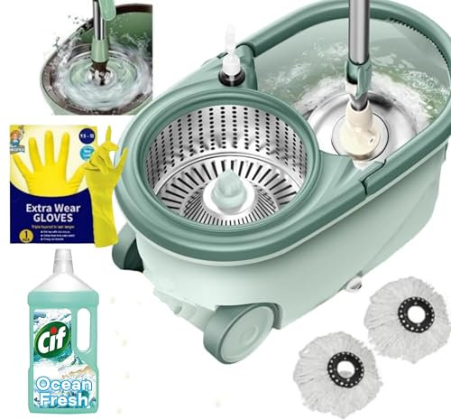 *NEW* SWISSPACK Revolving Spin Mop and Bucket White Pads Bundle (GREEN SPIN +GLOVES+CIF)