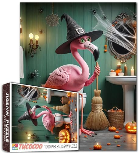 Halloween Flamingo Puzzle für Erwachsene 1000 Teile Hexe Tier auf Toilette für herausfordernde Familienaktivitätsspiele Kunst Wanddekoration Heimdekoration DIY Handwerk Puzzle Geschenk