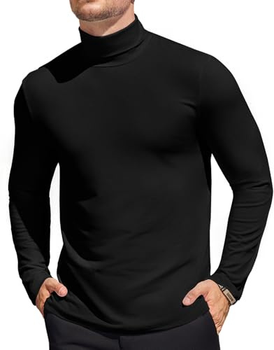Mens T Shirt Turtleneck Jumper Slim Fit Long Sleeve Tops Solid Pullover Shirt Black XL