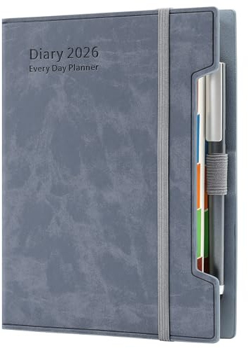 Schülerkalender 2026, A5, Tagesansicht, Tagesplaner 2026, Januar bis Dezember 2026, 12 Monate, Hardcover, Stiftschlaufe, Aufkleber, Blau