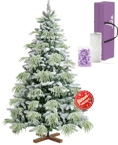 Ferzone 250cm Künstlicher Weihnachtsbaum mit Weiß Schnee 1500 PVC/PE Baum-Spitzen&Aufbewahrungstasche, Großer Tannenbaum mit Holz Ständer, Dekorationen, Klapp-Schirmsystem, für Außen Innen