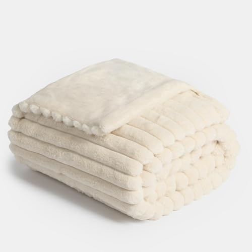 OHS Faux Fur Ribbed Throw Blanket for Sofa, Super Soft Cosy Warm Winter Thick Fleece Blanket for Bed Decorative Fluffy Double Bed Throws Over Sofas Couch, Natural - 150 x 200cm