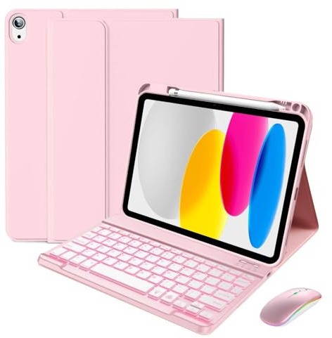IXTRA Keyboard Case for iPad 11th Gen 11 inch A16 2025, iPad 10th Gen 10.9 inch Keyboard, Magnetic Detachable Keyboard with Wireless Bluetooth Mouse, 7 Color Backlit Pencil Holder, Pink