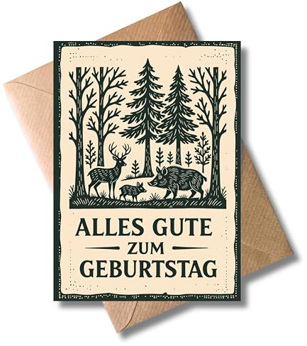 WBdesignz Jagd-Geburtstagskarte „Alles Gute zum Geburtstag“ mit Umschlag - Geburtstag - Waldmotiv mit Hirsch, Wildschwein & Rehkitz - rustikale Karte für Jäger, Förster & Naturfreunde (DIN A6)
