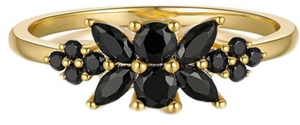 Mesnt 18K Gold Ring Bands for Women, Ladies 750 Yellow Gold Dainty Promise Ring with Black Agate Leaf Shape, Size S 1/2