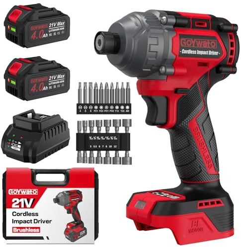 GoYwato Cordless Impact Driver 21V - 1/4 Hex Chuck Brushless Power Impact Drivers w/ 2x4.0Ah Battery & Carry Case & Sockets & Screwdriver Bits, Battery Impac Driver for Home Repair DIY Projects (Red)