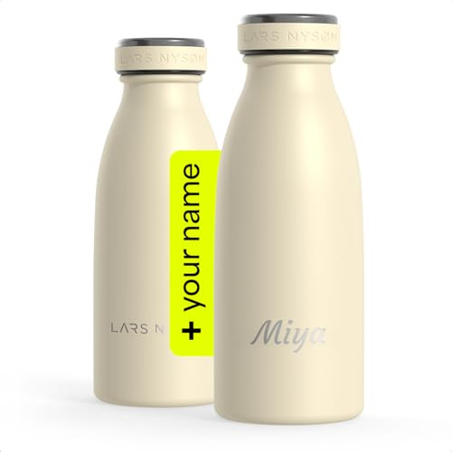 LARS NYSØM Borraccia in acciaio inox personalizzata 350 ml, 500 ml, 750 ml, 1 L, 1,5 L | Thermos adatto a bevande gassate con incisione | Bottiglia d’acqua regalo con nome (Almond Beige, 350ml)