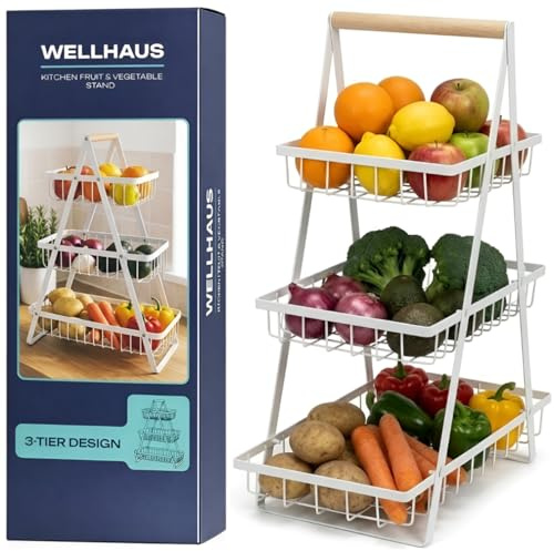 WELLHAUS Obst Etagere mit 3 Etagen – Obstkorb Aufbewahrung für Küchenarbeitsplatte , Fruits Basket & Gemüse Obstetageren 3 Stöckig , Mehrstöckig Gemüseaufbewahrung , Metall Küche Obstkörbe (Weiß)