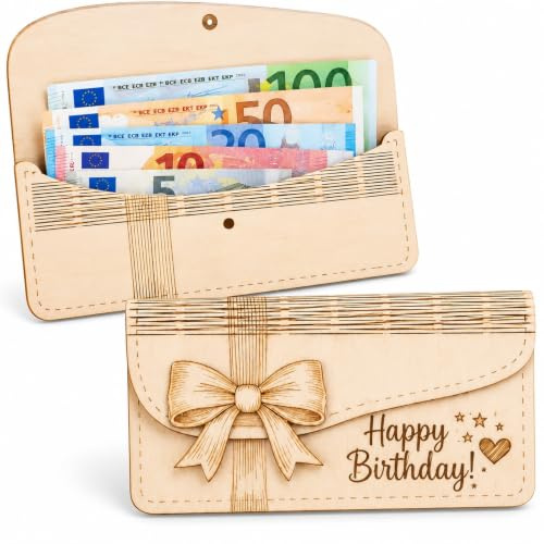 Geldgeschenke Geburtstag Holzkarte Gutschein Verpackung für Frauen | Stilvolle Holzverpackung für Geldscheine & Gutscheine. Mit feiner Lasergravur, Schleife und abgerundeten Kanten aus Holz.