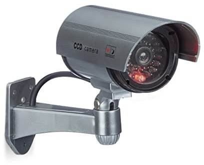 Relaxdays Dummy Kamera mit LED-Licht, Wandhalterung, für Innen- und Außenbereich, Dummy Camera, Sicherheitskamera, drahtlos, silber, 11 x 31.5 x 8.5 cm