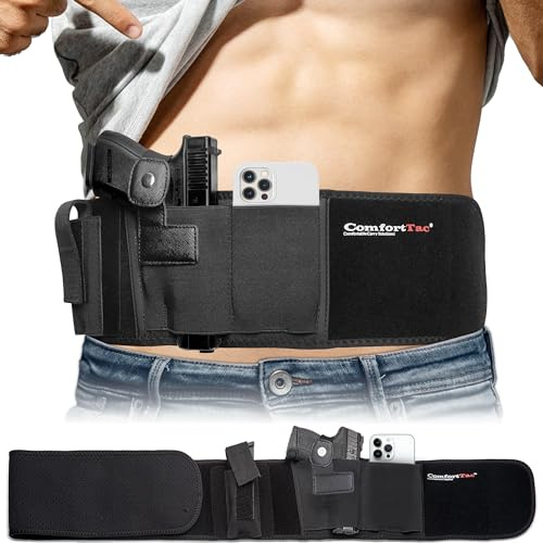 ComfortTac Gun Holsters for Concealed Carry - Ultimate Belly Band Pistol Holster for Men & Women, Belt Compatible with Smith and Wesson, Shield, Glock - Firearm Accessories, Black