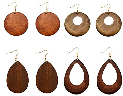 4 Pairs Ethnic Big Geometric Round Circle Teardrop Wood Dangle Earrings Wooden Drop Sets for Women