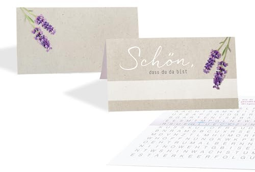 15 Platzkarten Tischkarten Hochzeit LAVENDEL BEIGE mit Spiel innenseitig, Tischkärtchen zum beschriften, Namenskarten, violett lavendelfarben, Jubiläum Geburtstag Familienfest