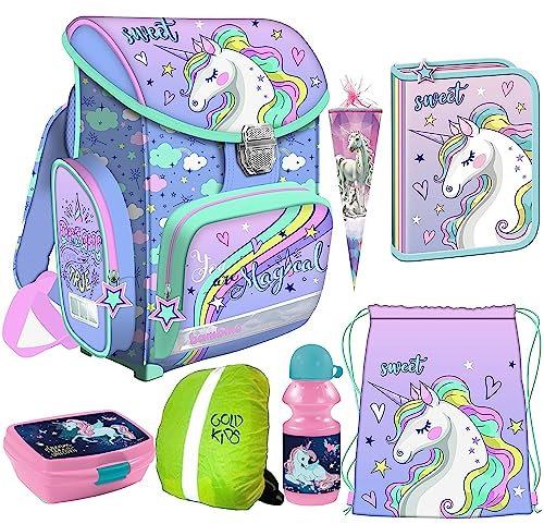 Goldkids Einhorn Unicorn Rucksack Kinder Schulrucksack Federmäppchen Federtasche Kinder Federmappe Zuckertüte Turnbeutel Lunchset 7er Set Mädchen