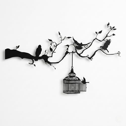 DEKADRON Metall-Wandkunst, freie Vögel, Metallkäfig und Vogelkunst, Metall-Wanddekoration, Vögel auf Ast, Vogelkunst (117 x 72 cm)