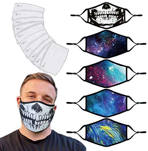 5PC Gesichtsschutz mit 10 Filter Mode Druckmuster Staub Baumwolle Mund waschbar und wiederverwendbar für Staub, Outdoor, Sport