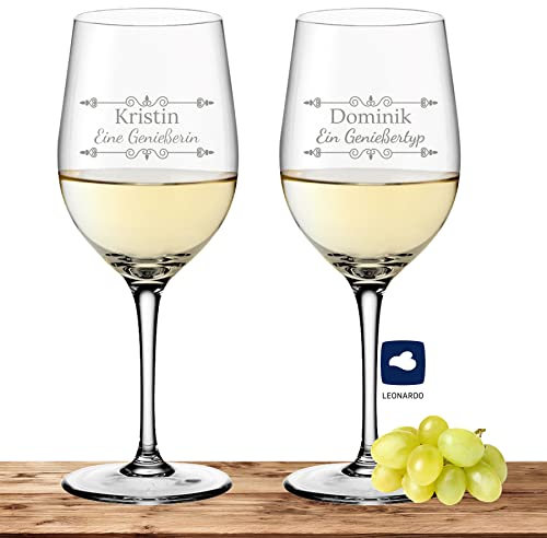 Deitert Leonardo Weißweinglas-Set mit Namen oder Wunschtext graviert, 2er-Set, 300ml, Ciao+, personalisiertes Premium Weinglas in Gastroqualität, (Verzierung 01)