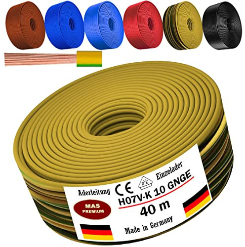 Câble conducteur H07 V-K de 5 à 100 m - 10 mm² - Noir, marron, bleu foncé, jaune vert, bleu clair ou rouge - Flexible (jaune vert, 40 m)