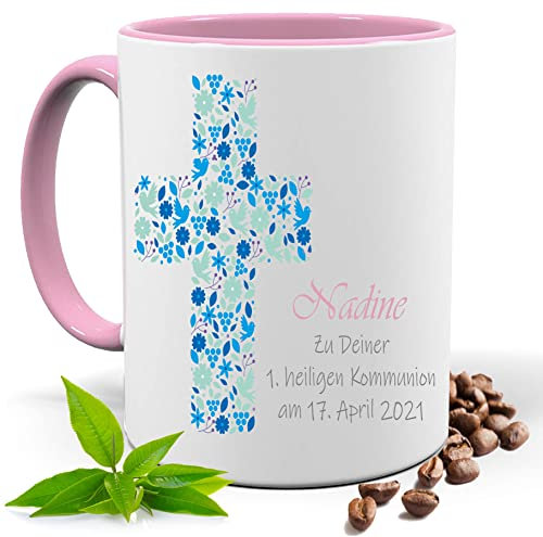 KOMMUNION,FIRMUNG, KONFIRMATION, KIRCHEN BLAU KREUZ |FOTOTASSE |TASSE|MOTIV TASSE | BEDRUCKTE TASSE | KAKAOTASSE | TEETASSE | GESCHENK|KERAMIK|TASSE (Rosa)