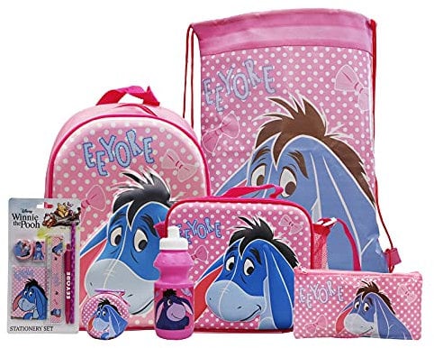 simpahome Eeyore 7PC Back to School Bundle - inc 3D Backpack, Drawstring Sports Bag, 3D Insulated Lunch Bag, Water Bottle, Coin Pouch, Pencil Case & Stationery Set.