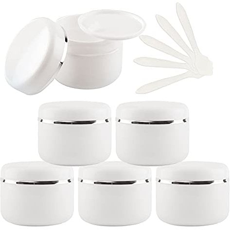 ZEOABSY Pack of 6, Empty 50 ml Smooth White Plastic Cosmetic Jars with Silver Edge, Face Cream Container Pot with Spatula for Lip Balm Lotion Travel Homemade Cream Gel Storage Pot with Spatula