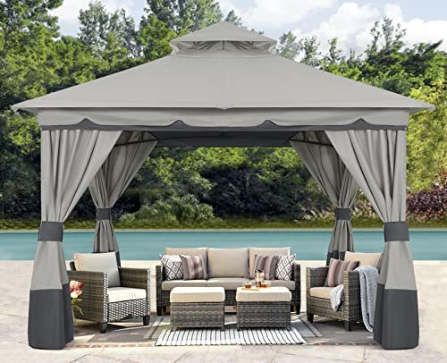 ABCCANOPY 2.7x2.7M Pop-up Gazebo Double Tier Roof Outdoor Canopy Shelter with Curtains Sidewalls, Grey