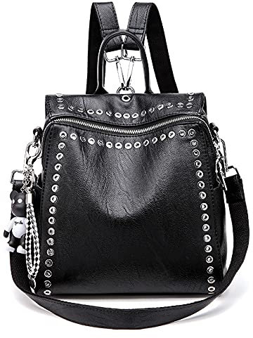 QQYG Damen Rucksack Echtes Leder Personalisierte Nieten Rucksack Damen Anti-Diebstahl Reisetasche Mädchen,Schwarz,27cmx13cmx27cm