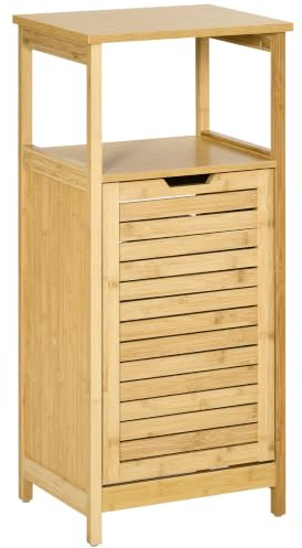 kleankin Mobiletto Bagno con Cesto Multifunzione per Bucato e Giocattoli | Mobile Portabiancheria da Bagno in MDF e Bambù, 40x30x86.5cm, Color Naturale
