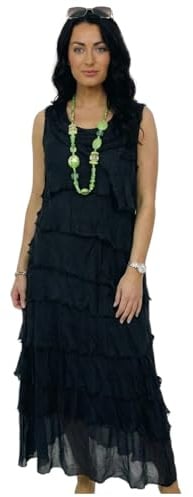 Alam Exclusive Damen Kleid Lagenlook Maxi Flap Over Italienisch Geschreddert Damen Elegant Ärmellos Party Sommer Layer Look Einfarbig Plissee Layer Resort Wear, Schwarz , Einheitsgröße