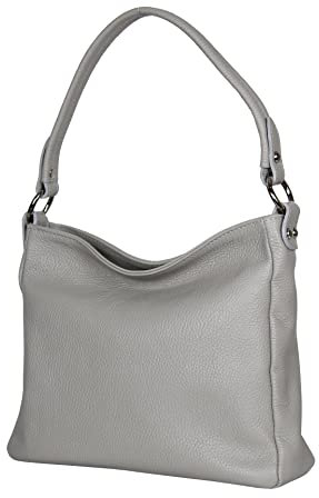 AmbraModa GL35 - Damen Handtasche Schultertasche Umhängetasche aus genarbtem Rindsleder (Hellgrau)