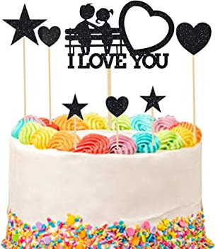 EKAM I Love You Cake Topper Decoration, Valentines Glitter Cake Topper, Wedding Anniversary Cute Couple Cake Topper - 400gsm Glitter Card (Black)