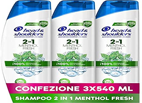 Head & Shoulders Anti-Schuppen Shampoo + Balsam 2in1 Menthol Fresh, für fettiges Haar, bis zu 100% Schmetterlingsschutz für Haut und Haar, dermatologisch getestet, 3 x 540 ml
