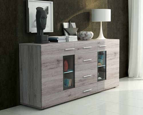 Furnix 2-türig Sideboard Tinna ohne LED - Kommode mit Glastüren und Schubladen - Highboard für Wohnzimmer Flur Schlafzimmer - 170 x 80 x 40cm - Anrichte mit viel Stauraum - San Remo