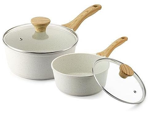 SENSARTE White Ceramic Nonstick Saucepan with Lid Set, Small Cooking Pot with Stay Cool Handle, Induction Compatible Saucepot, White Granite Coating, PFOA/PFAS Free, 1.5 + 2.5QT