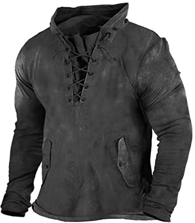 Herren Vintage Steampunk Shirt Vintage Mittelalter Kleidung Barock Wikinger Pirat Langarm Kostüm Halloween Kostüm Herren Horror Trachten Kleidung Festival Fasching Rave Outfit Schwarz 3XL