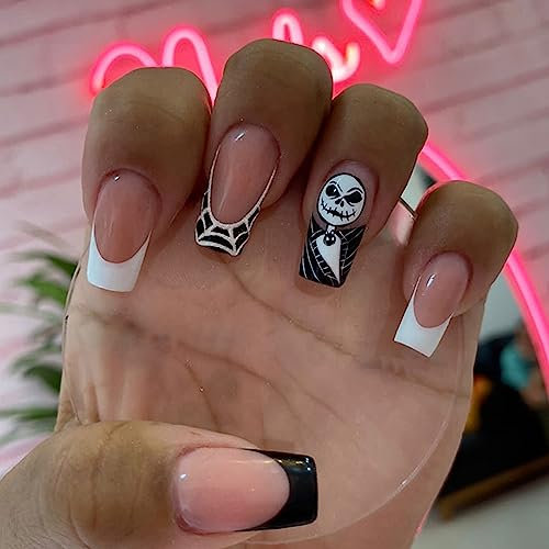 Ceboic Halloween Faux Ongles Moyen Cercueil, 24 Pièces French Noir Blanc Ongles à Coller Mignon Fantôme Dessin Press on Nails, Acrylique Ongles à Coller avec Autocollants Adhesif pour Femmes