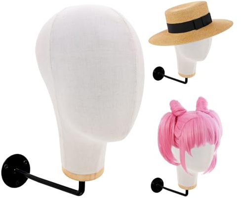 TINGSING Wall Mounted Mannequin Head Stand 21-Inch Wood Wig Holder for Hat Display, Jewelry Making, Canvas Block Display Model Fabric Head Hat Rack for Home/Salon/Shop