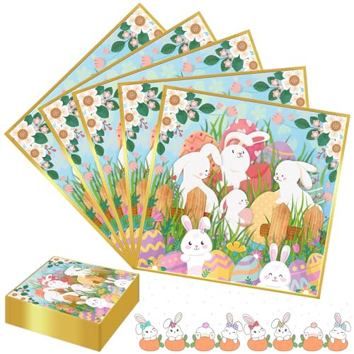 Lets Joy 100 Stück Ostern Servietten, 33 x 33cm Servietten Hase, Servietten Tischdeko, Ostereier Servietten, Osterhase Party Tischdeko, Servietten Hase Ostern Kindergeburtstag