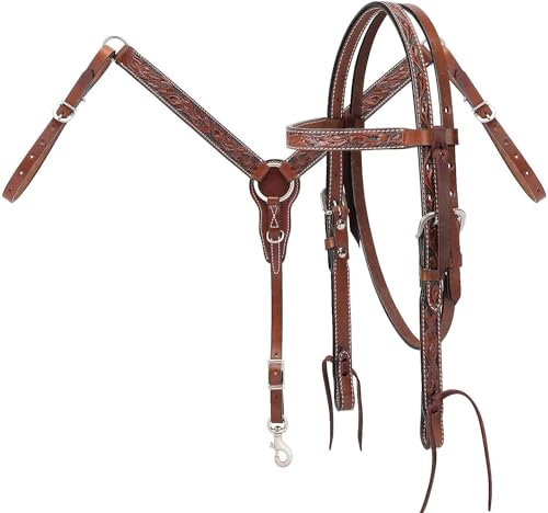 EQUIGEAR Western-Leder-Set mit handgefertigtem Kopfstück und Vorderzeug mit Zügeln. /Size-Full,Cob,Pony AO-0091 (Full)