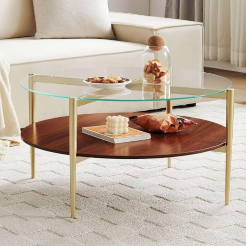 SHRINE Table Basse Moderne à Plateau en Verre, Table Ronde pour Salon avec Structure en Bois Brun et rangements intégrés, Dimensions contemporaines (D77cm × H43cm)