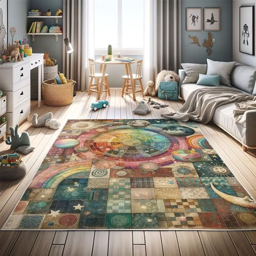 ABAKUHAUS Planeten Dekorativer Teppich, Patchwork-Look Weltraum, Hochwertiger Flächenteppich für Schlafzimmer und Wohnzimmer, 60x152 cm, Mehrfarbig Brau